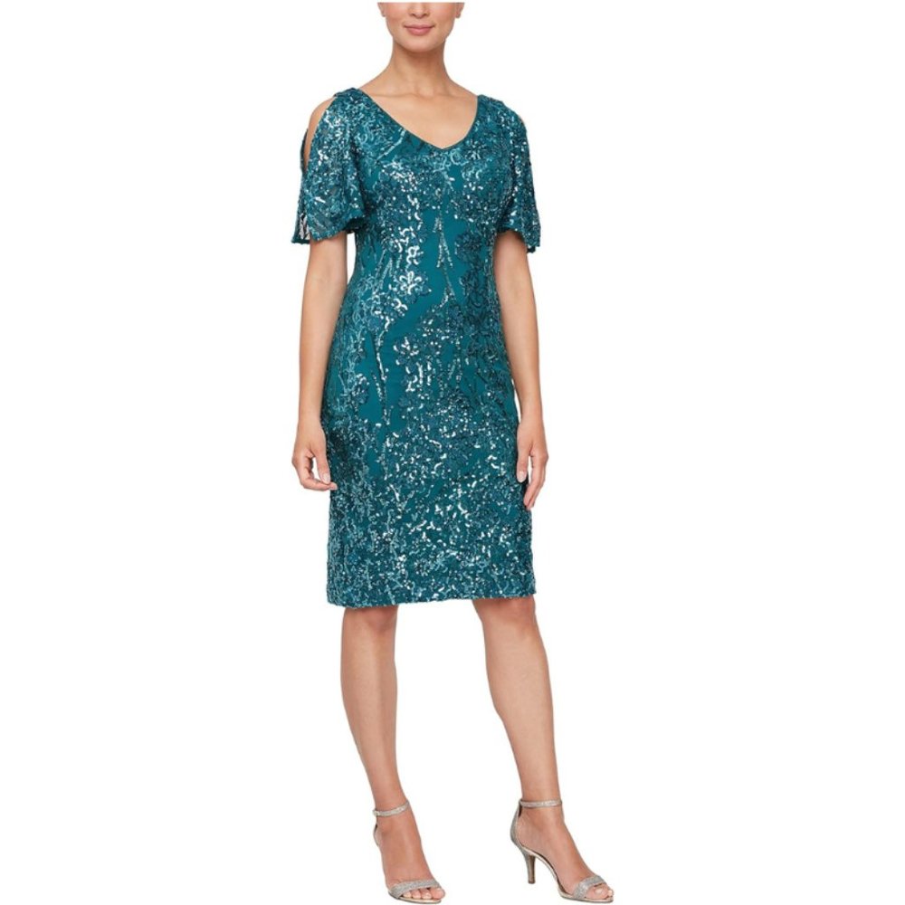 Alex Evenings Women's Short Cold Shoulder Flutter Sleeve Dress (Petite Regular)